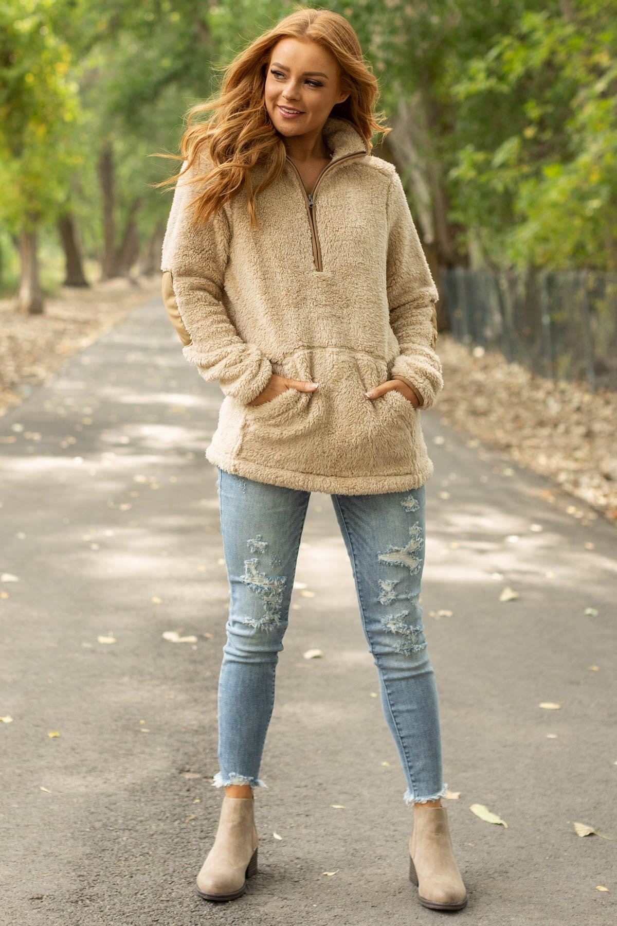 Tan Kangaroo Pocket Half Zip Sherpa Pullover - Filly Flair