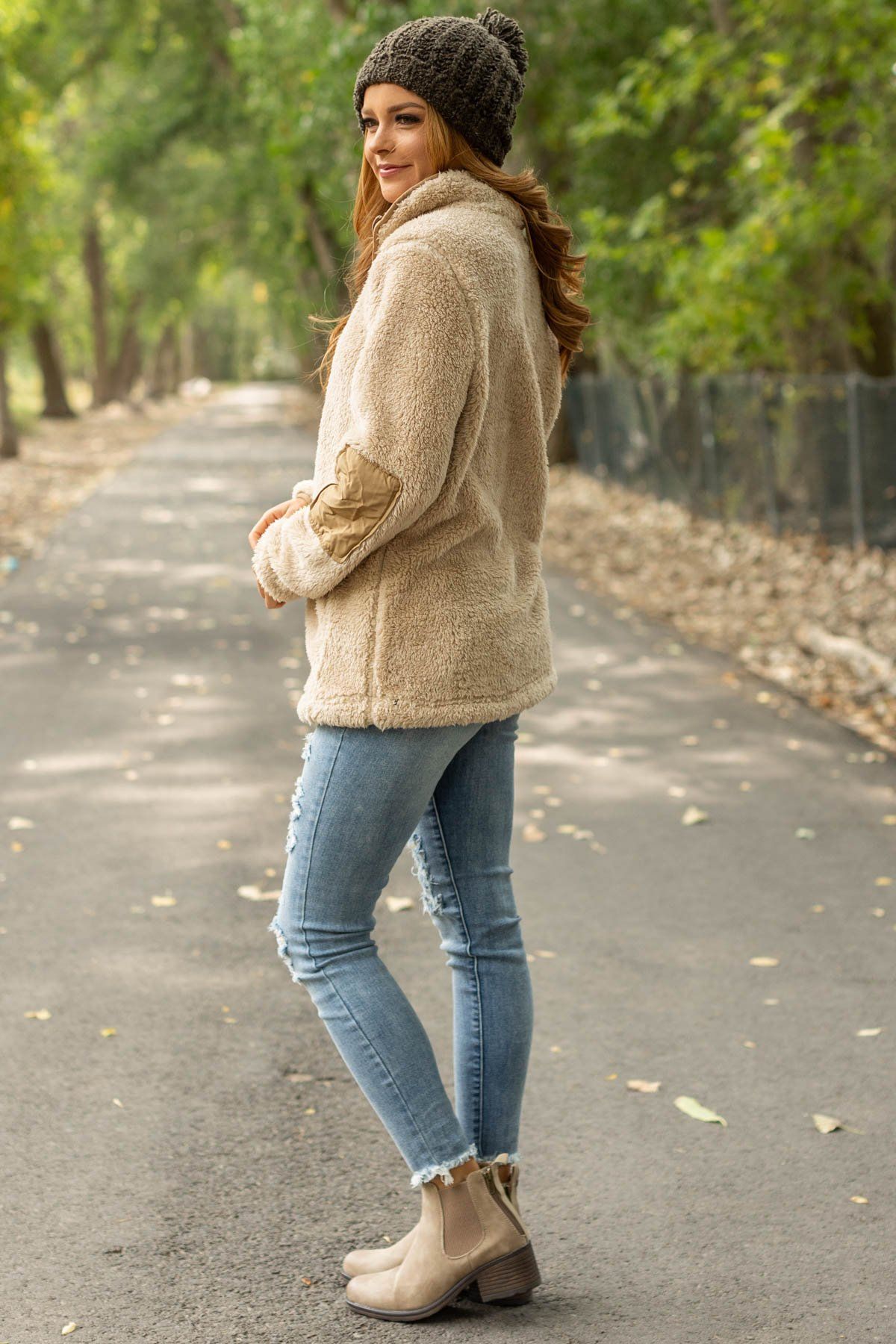 Tan Kangaroo Pocket Half Zip Sherpa Pullover - Filly Flair