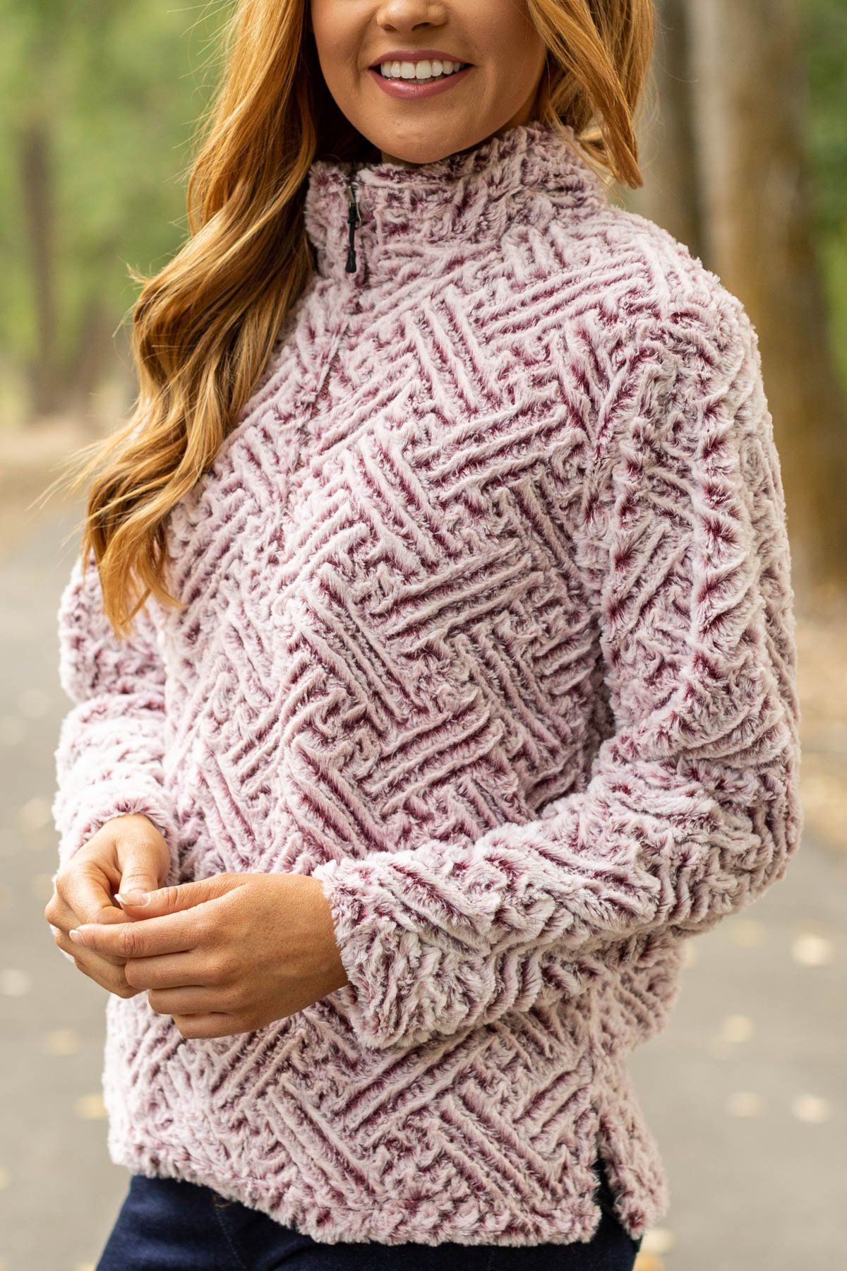 Pink and Maroon Textured Sherpa Pullover - Filly Flair