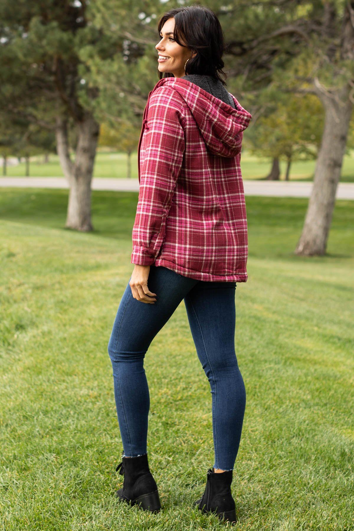 Wine Plaid Hooded Zip Up Jacket - Filly Flair
