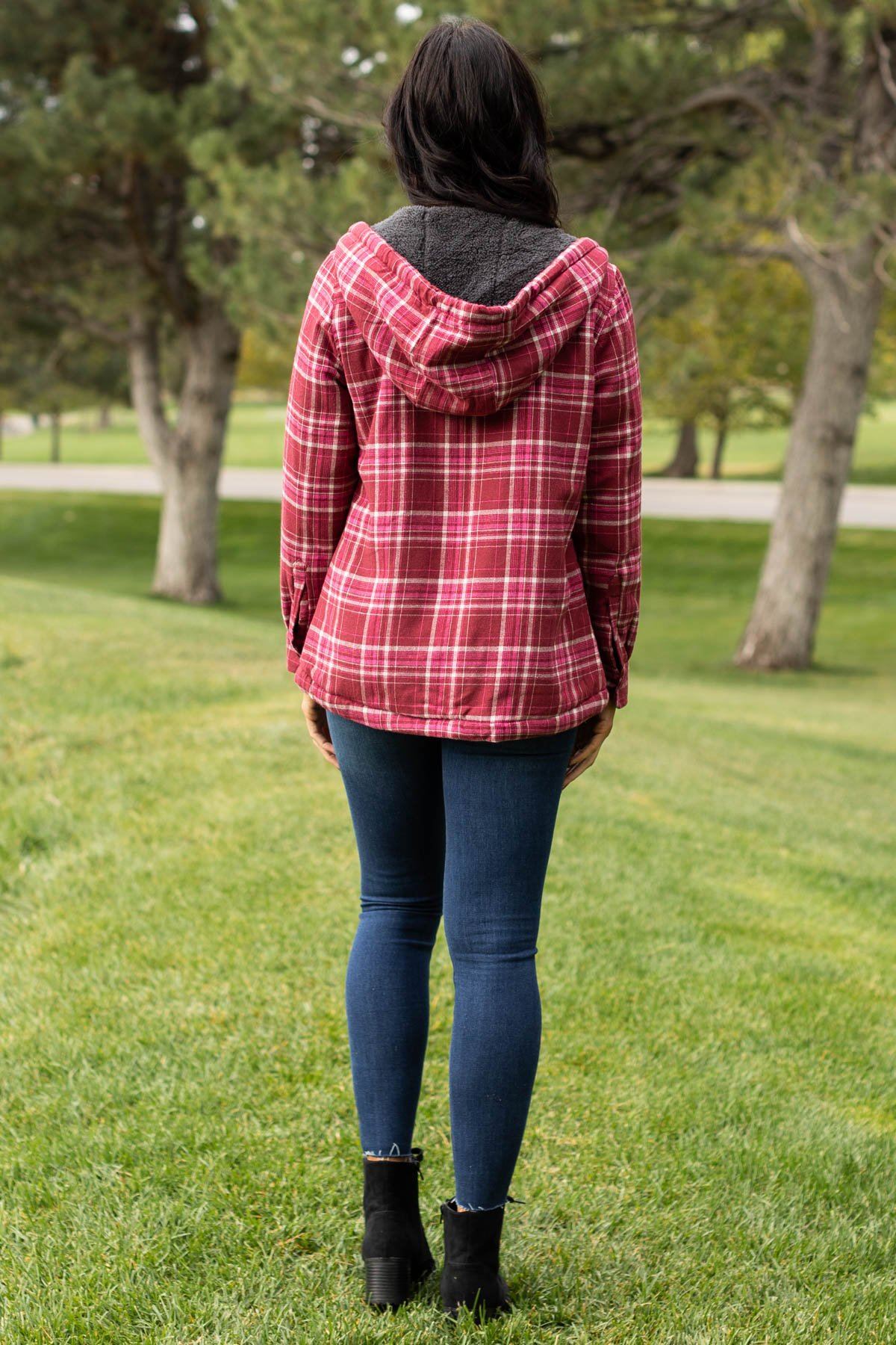 Wine Plaid Hooded Zip Up Jacket - Filly Flair