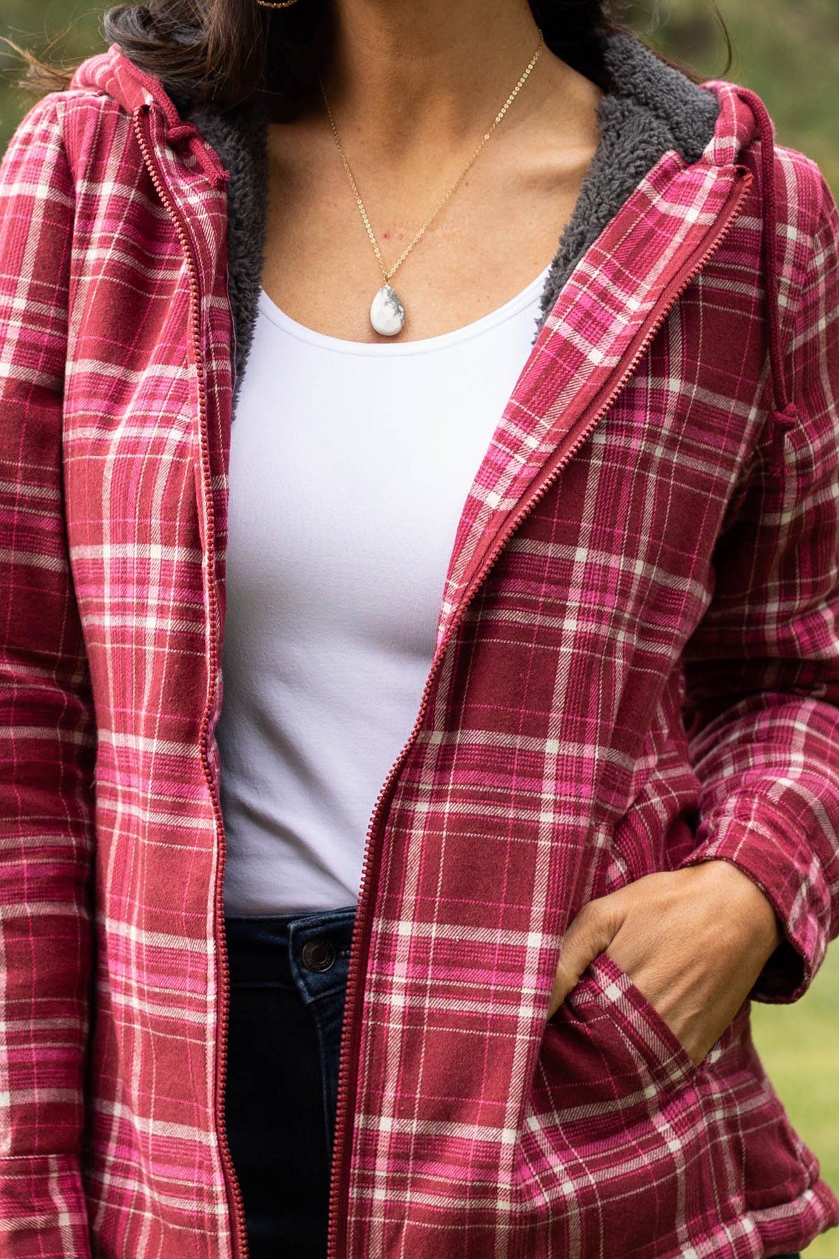 Wine Plaid Hooded Zip Up Jacket - Filly Flair
