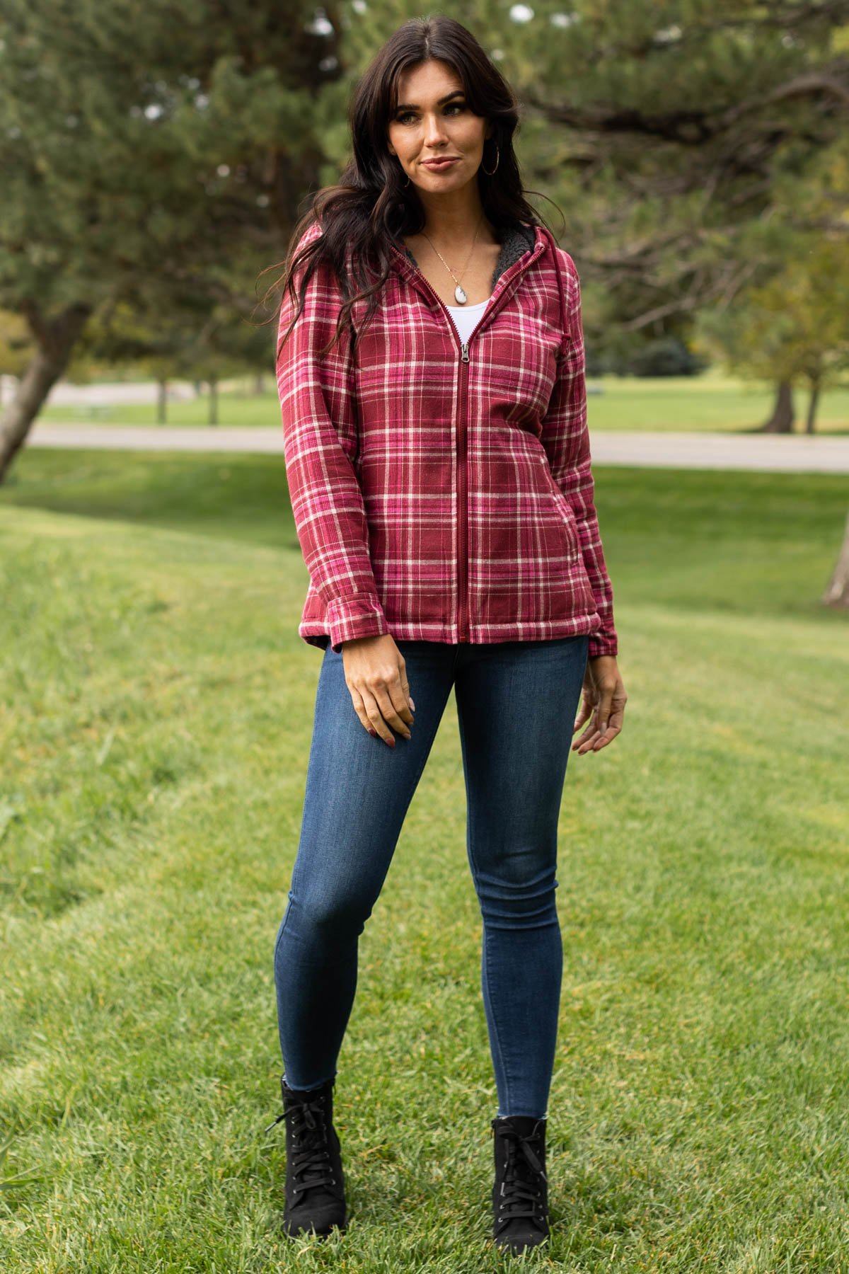 Wine Plaid Hooded Zip Up Jacket - Filly Flair