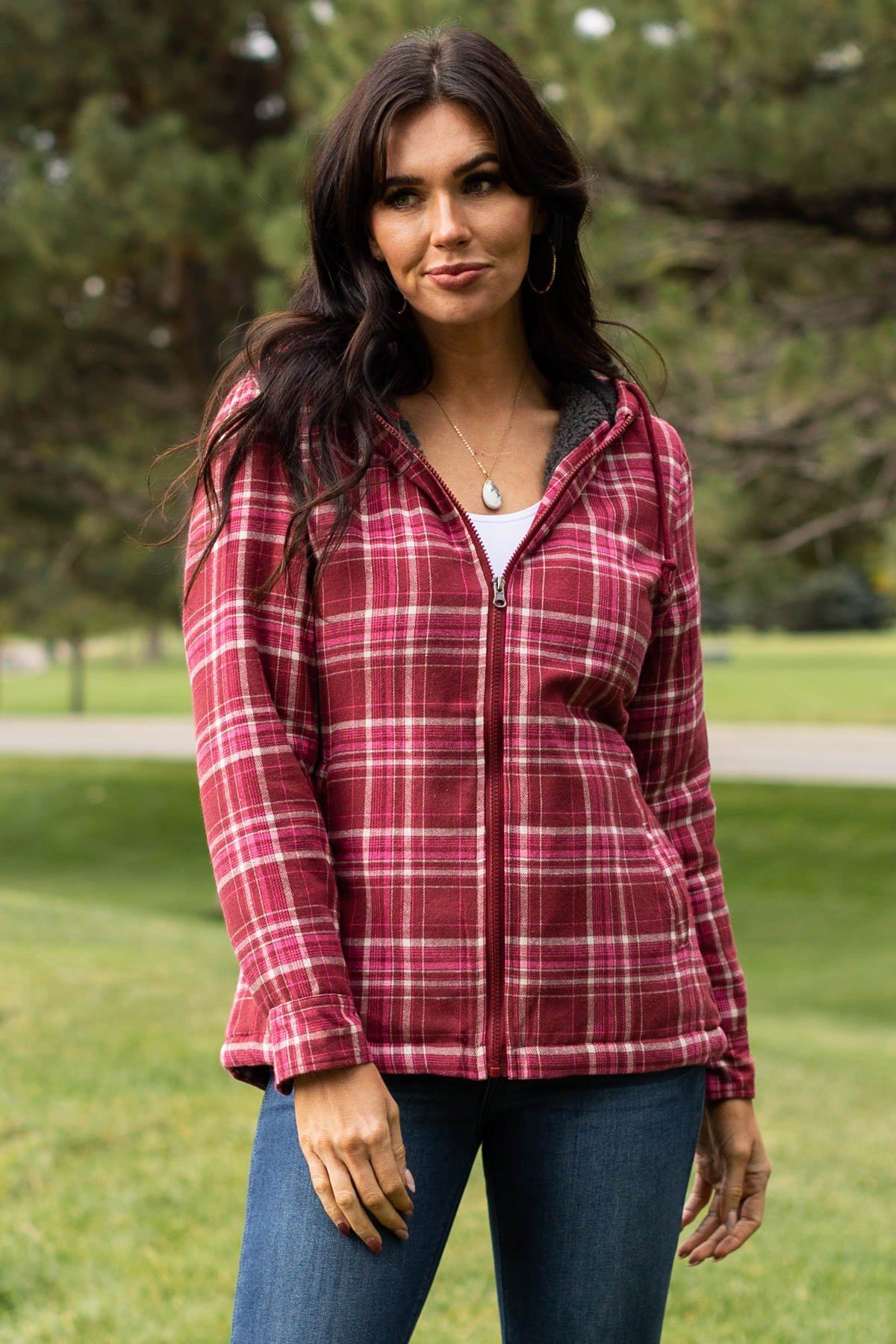 Wine Plaid Hooded Zip Up Jacket - Filly Flair