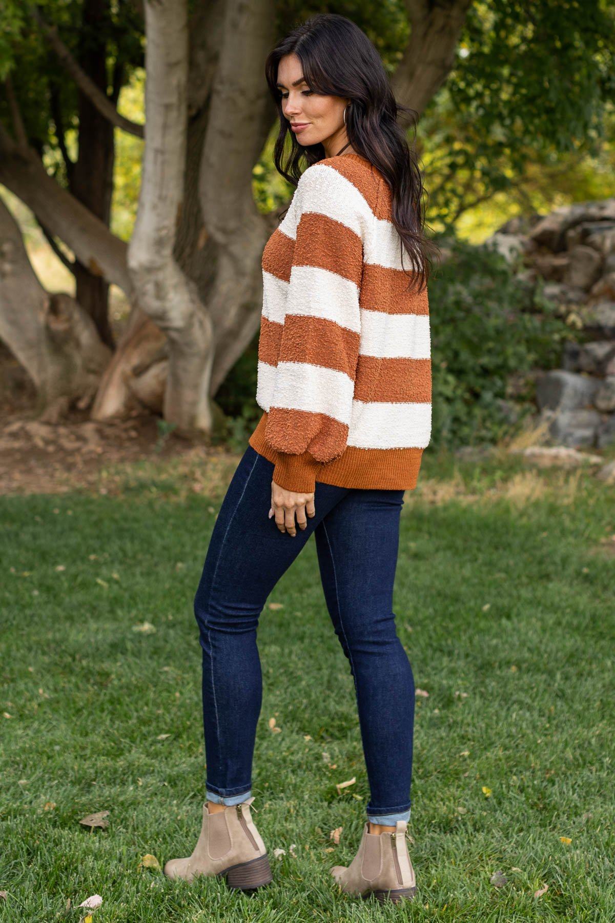 Cognac and Cream Striped Popcorn Knit Sweater - Filly Flair