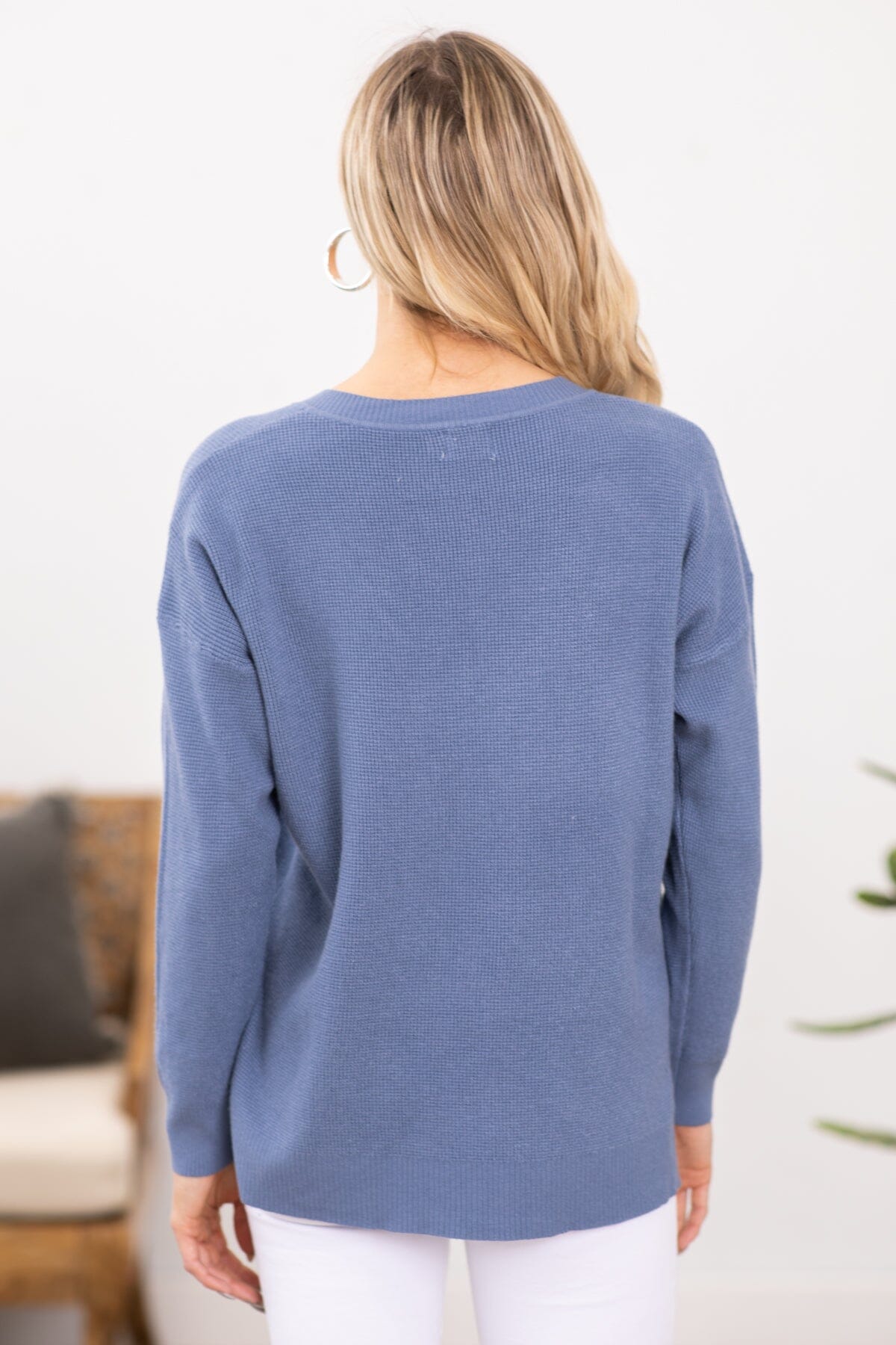 Slate Blue Drop Shoulder Lightweight Sweater - Filly Flair