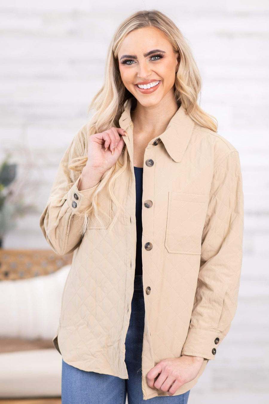 Tan Quilted Dolphin Hem Shacket - Filly Flair