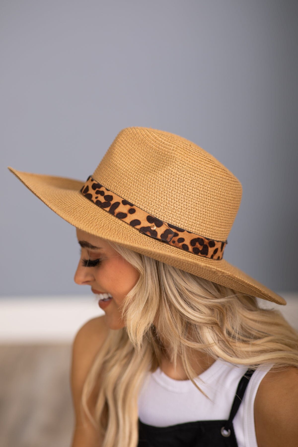 Tan Woven Hat with Animal Print Band - Filly Flair