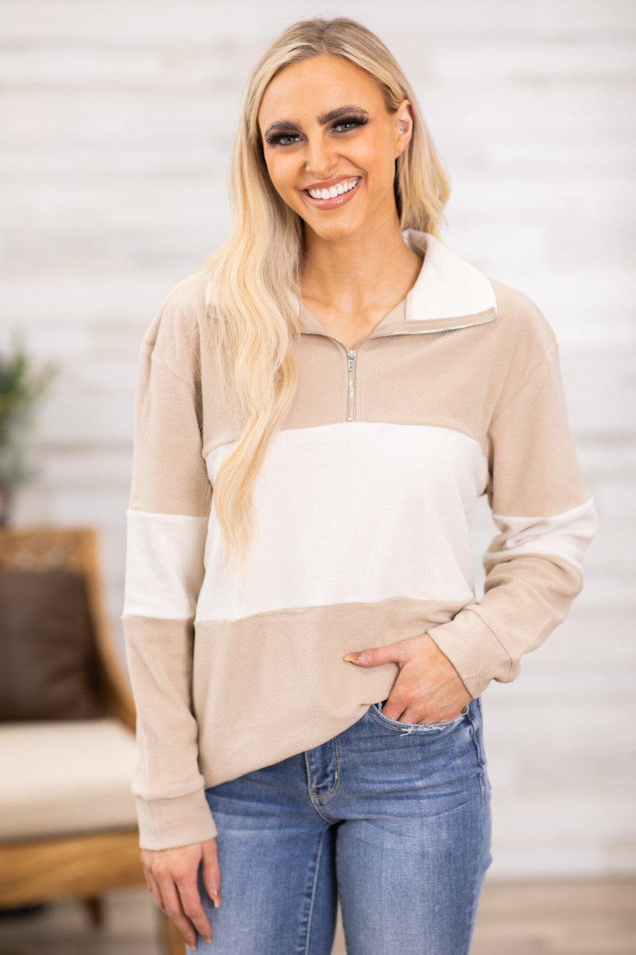 Tan and Off White Colorblock 1/4 Zip Pullover - Filly Flair