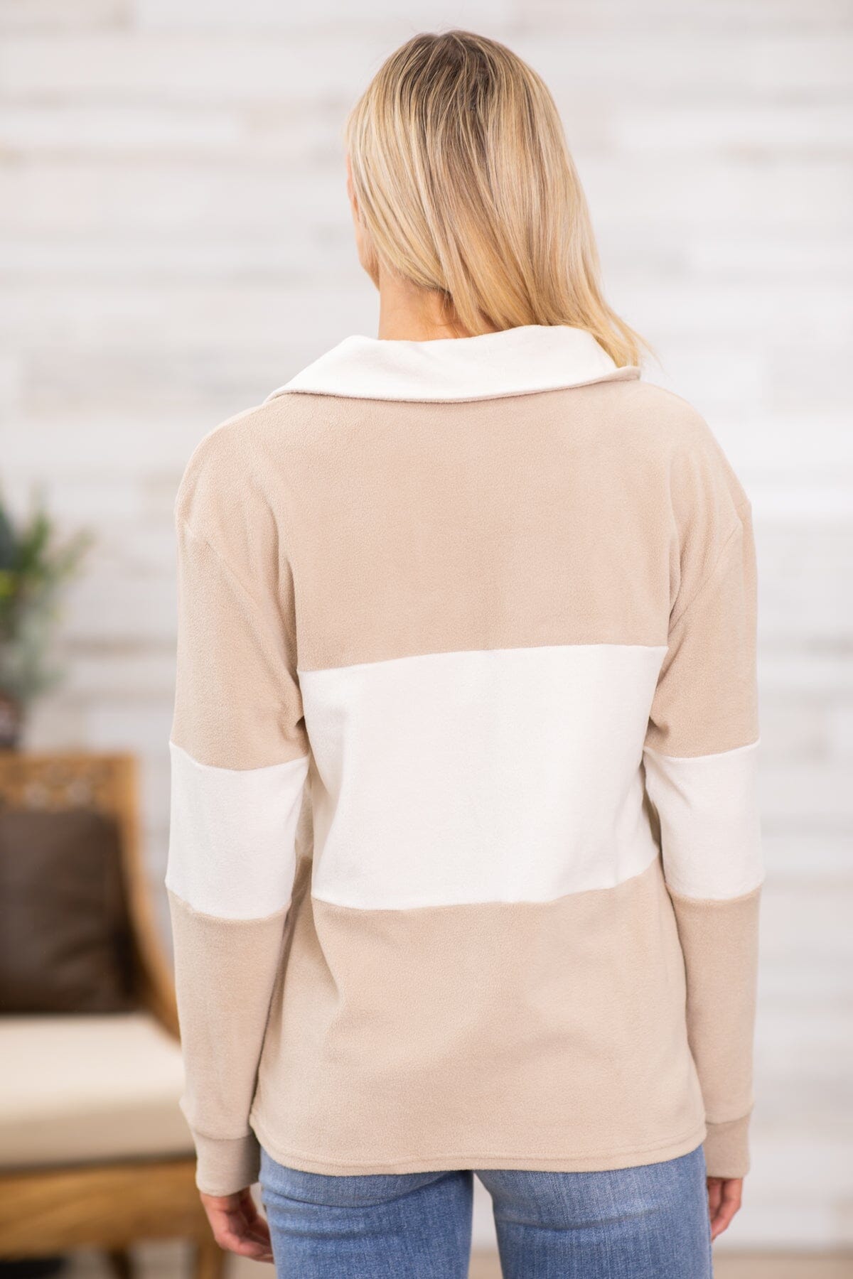 Tan and Off White Colorblock 1/4 Zip Pullover - Filly Flair