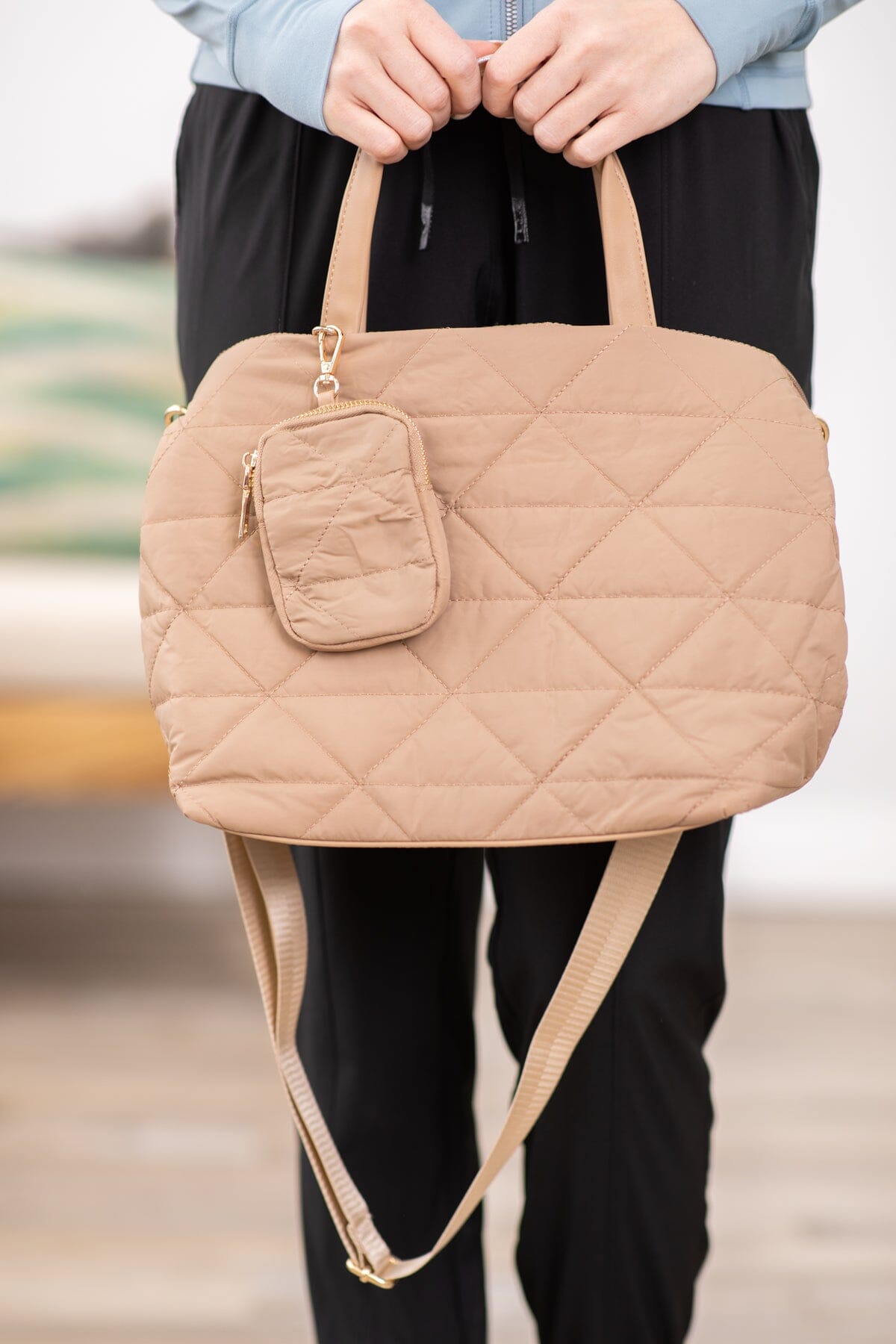Taupe Quilted Tote Bag With Removable Pouch - Filly Flair