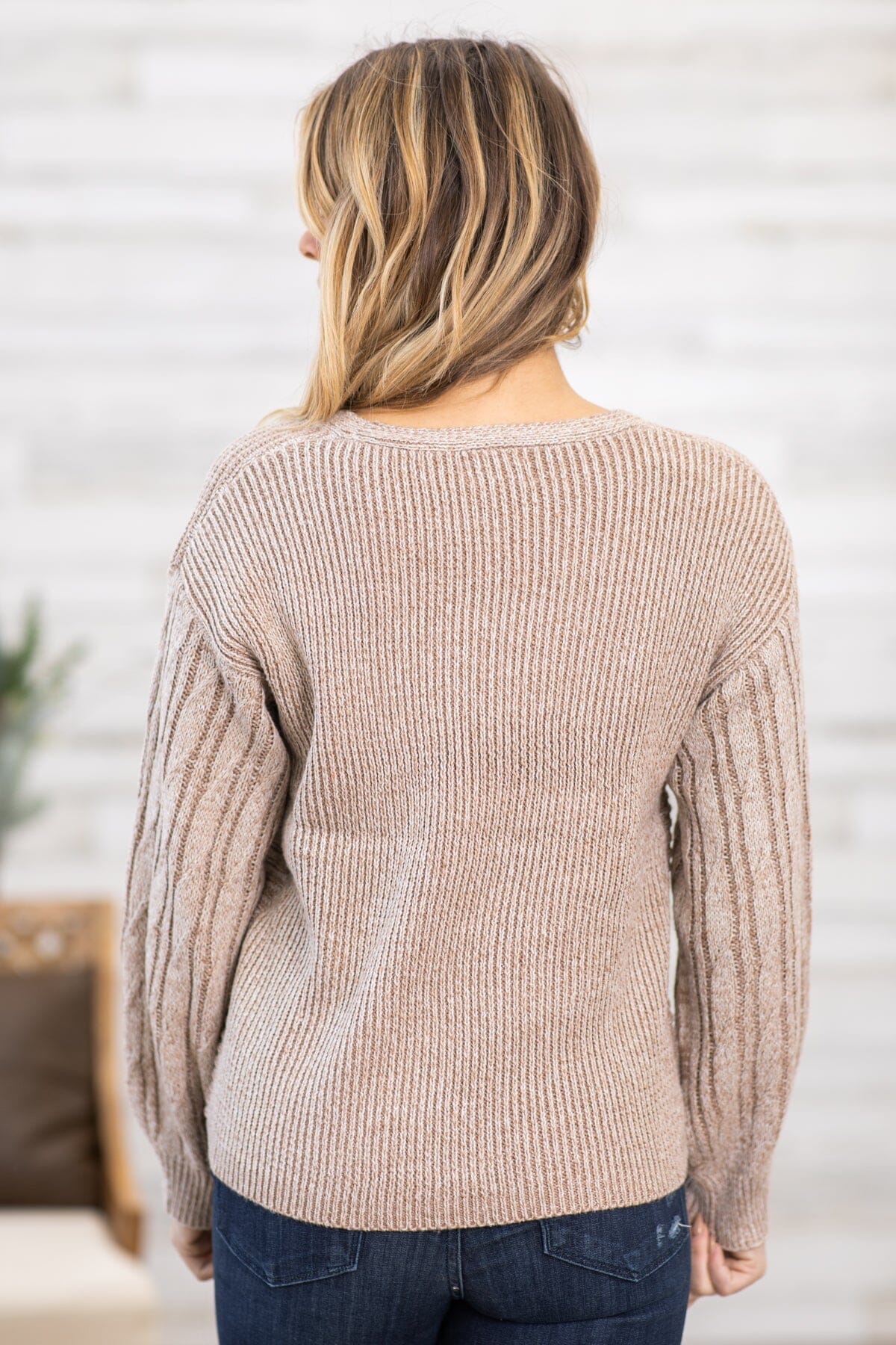 Taupe Ribbed Cable Knit Sleeve Sweater - Filly Flair