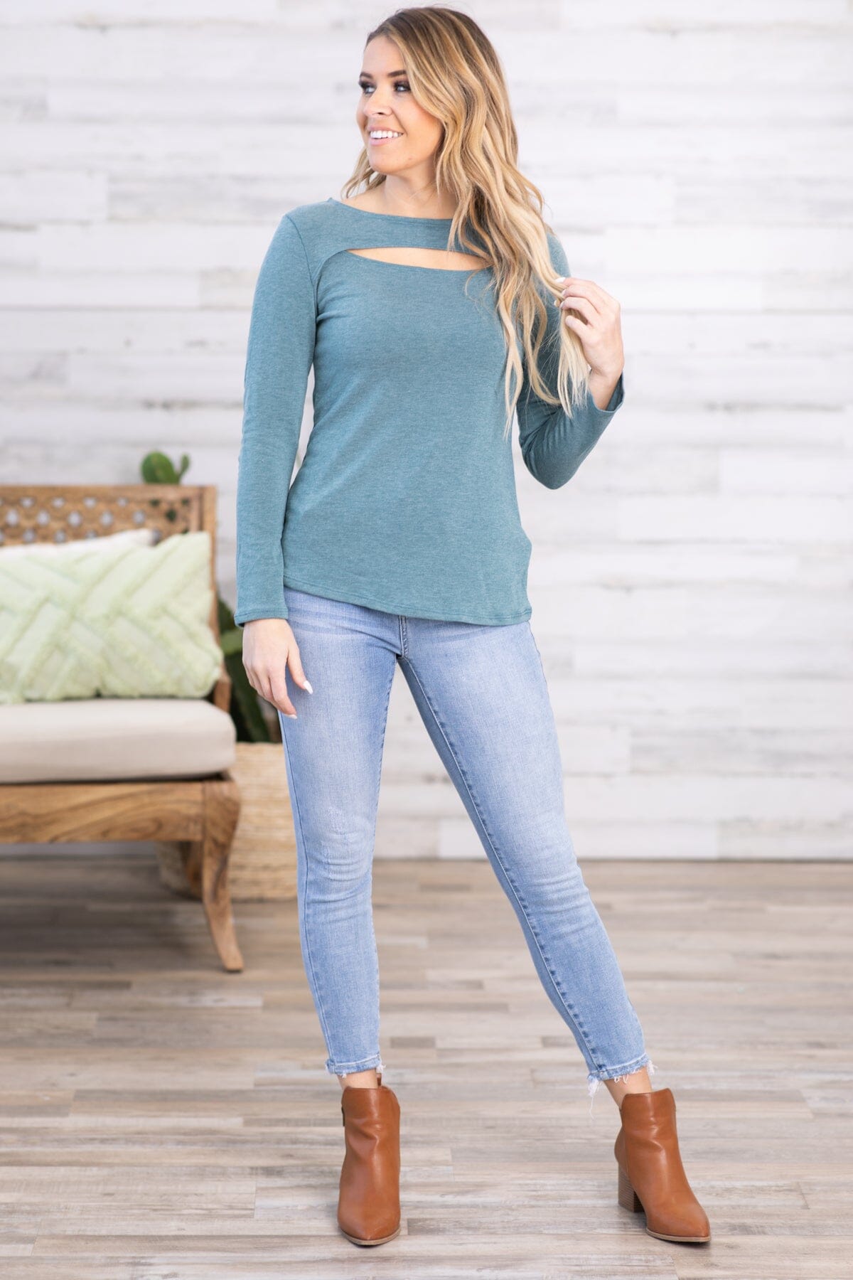 Teal Long Sleeve Top With Cutout Detail - Filly Flair