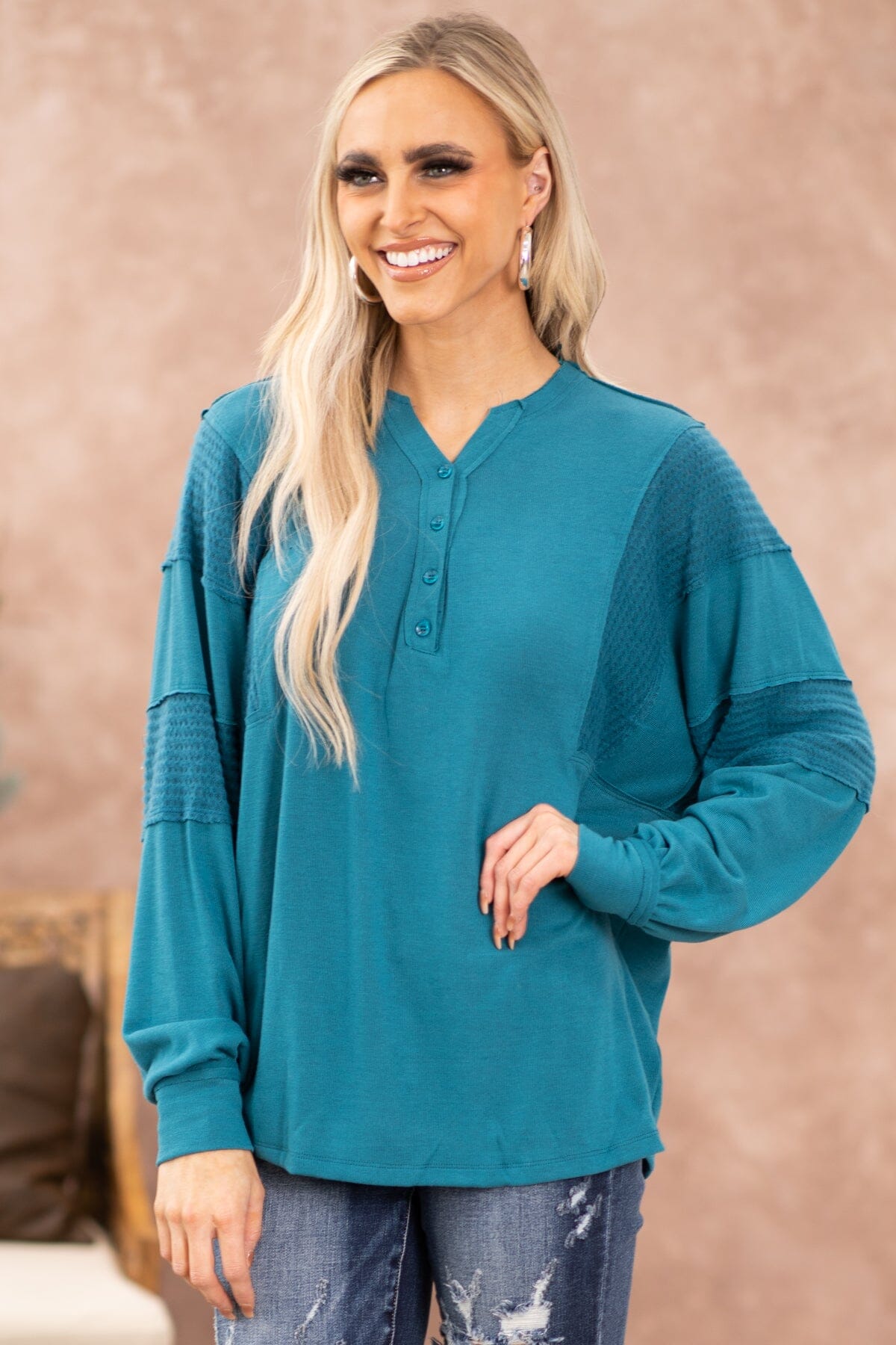 Teal Reverse Seam Detail V-Neck Top - Filly Flair