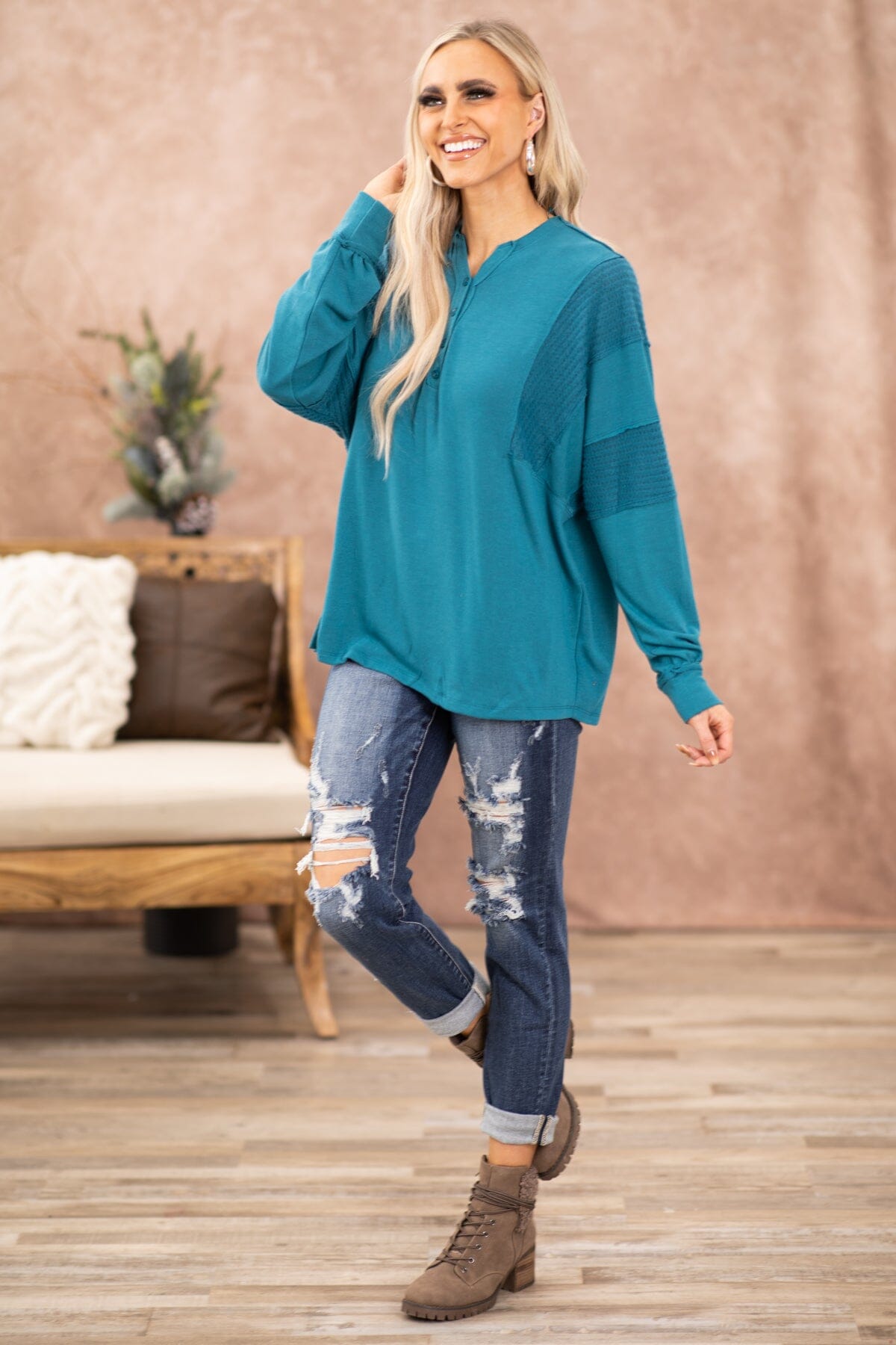 Teal Reverse Seam Detail V-Neck Top - Filly Flair