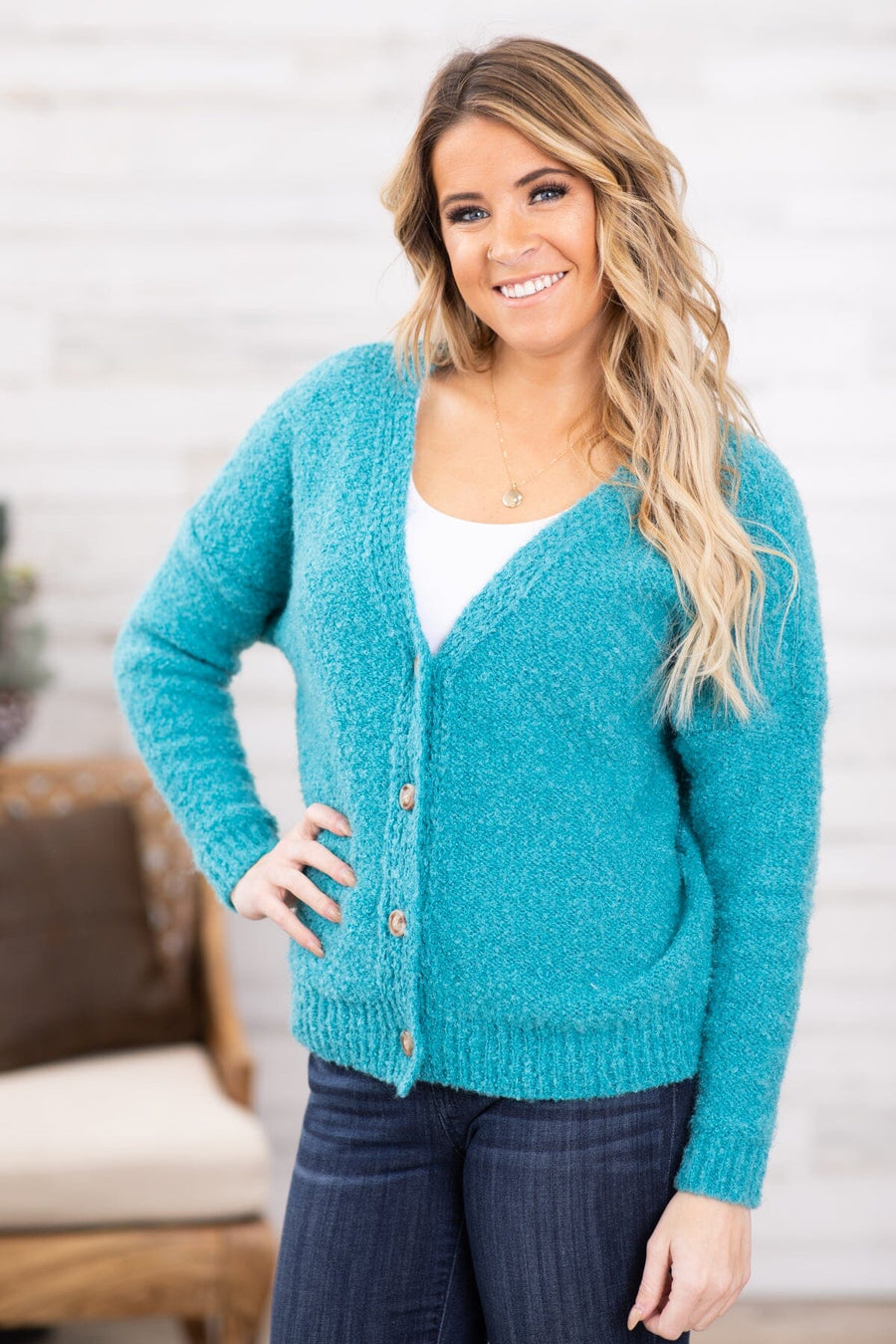 Turquoise Cardigan With Buttons - Filly Flair