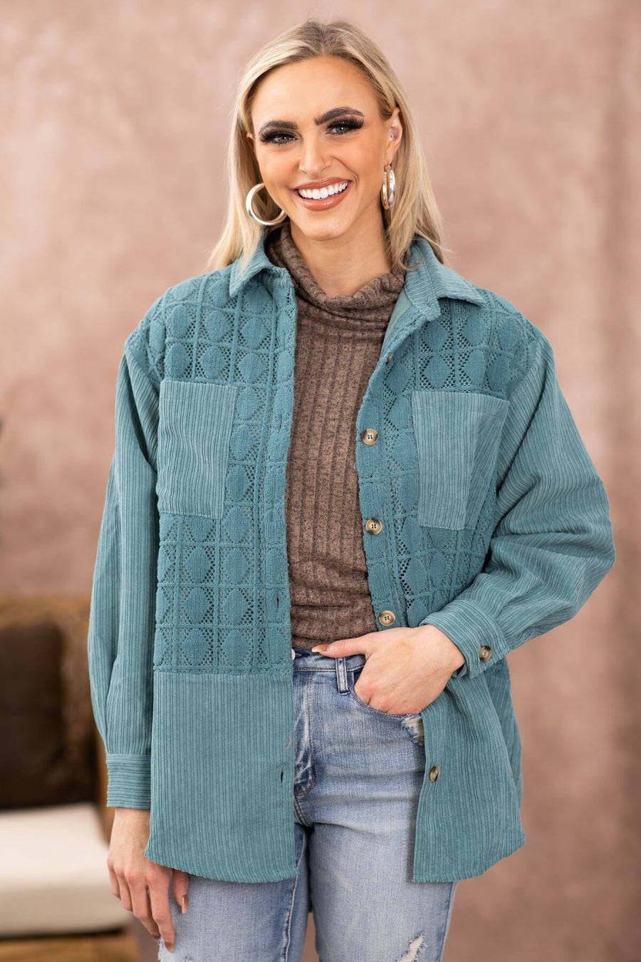 Turquoise Crochet Detail Corduroy Shacket - Filly Flair