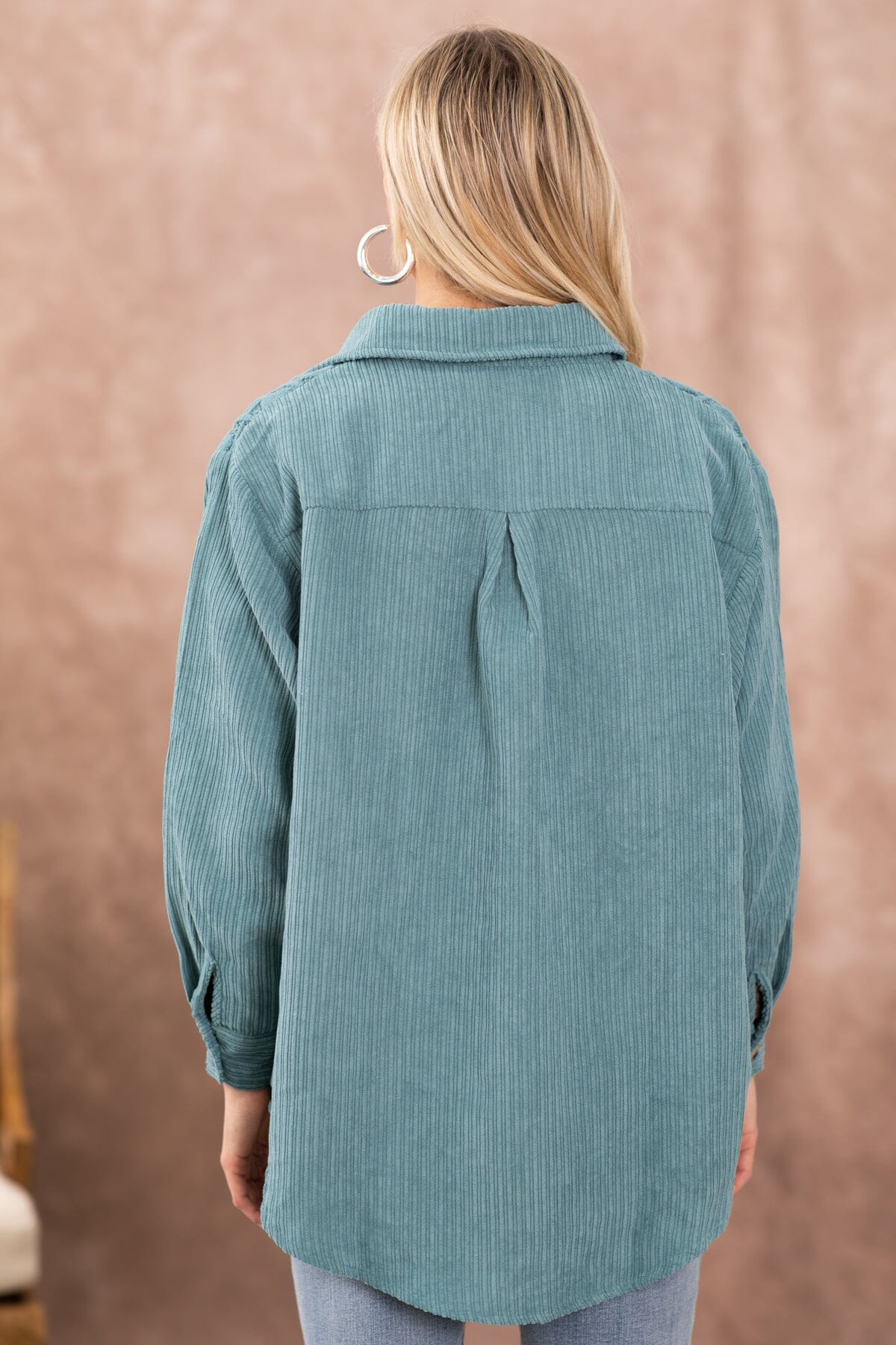Turquoise Crochet Detail Corduroy Shacket · Filly Flair