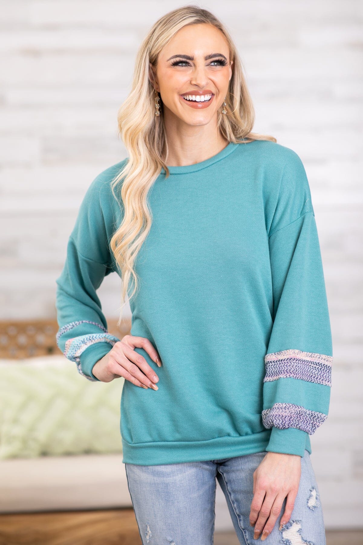 Turquoise Top With Multicolor Sleeve Insets - Filly Flair