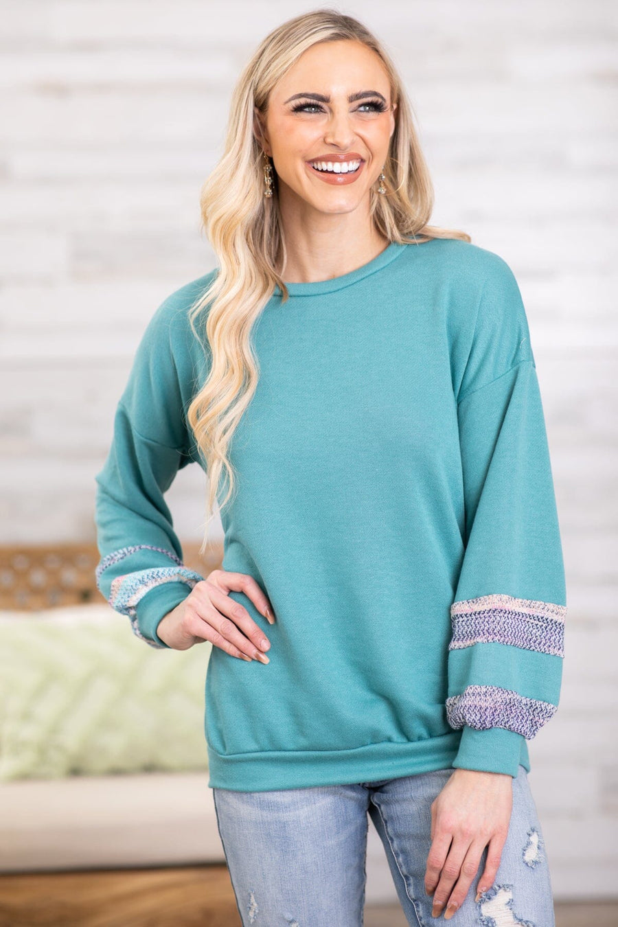 Turquoise Top With Multicolor Sleeve Insets - Filly Flair