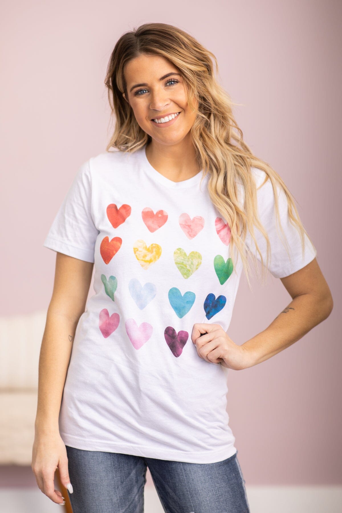 White Multicolor Hearts Detail Graphic Tee - Filly Flair