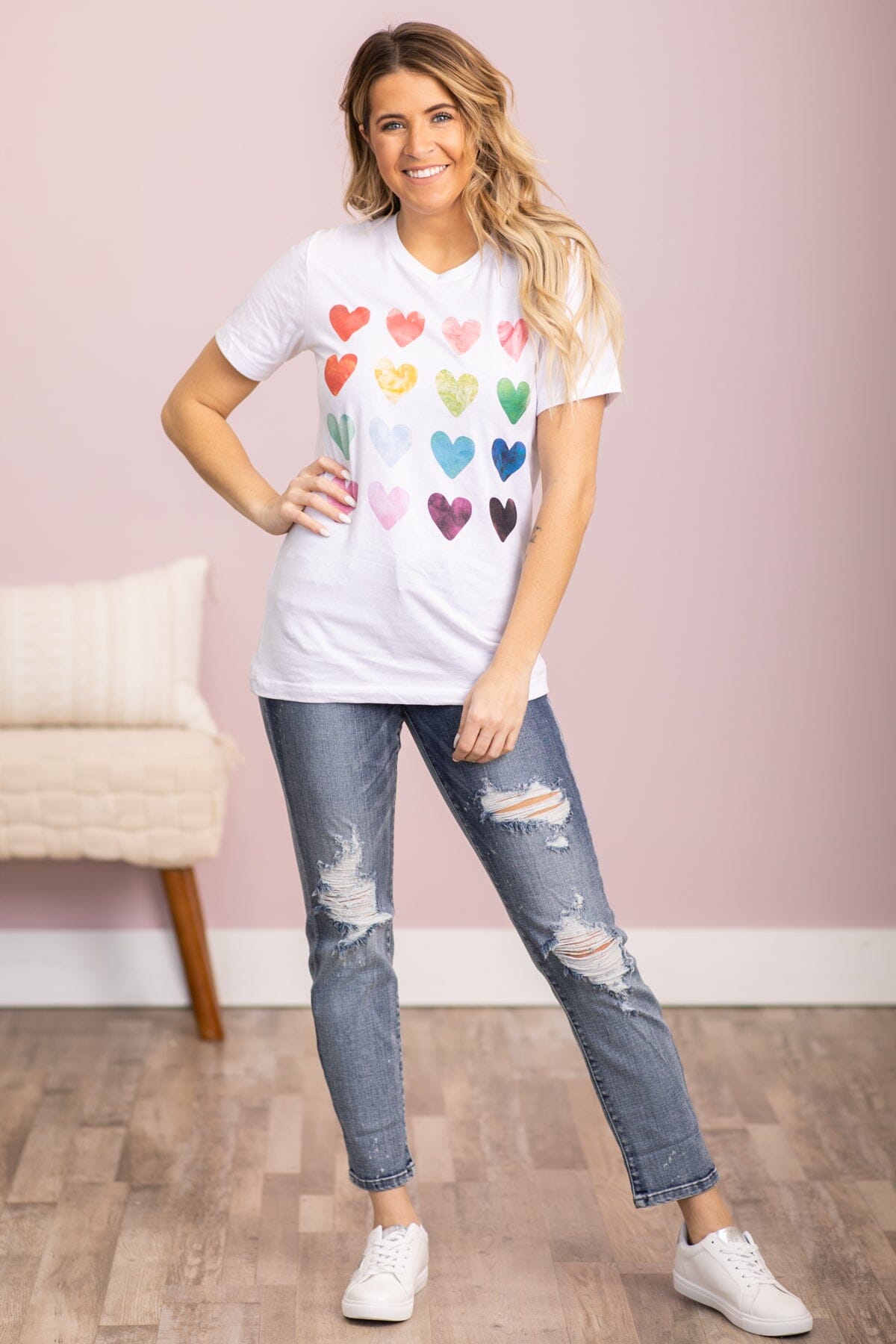 White Multicolor Hearts Detail Graphic Tee - Filly Flair