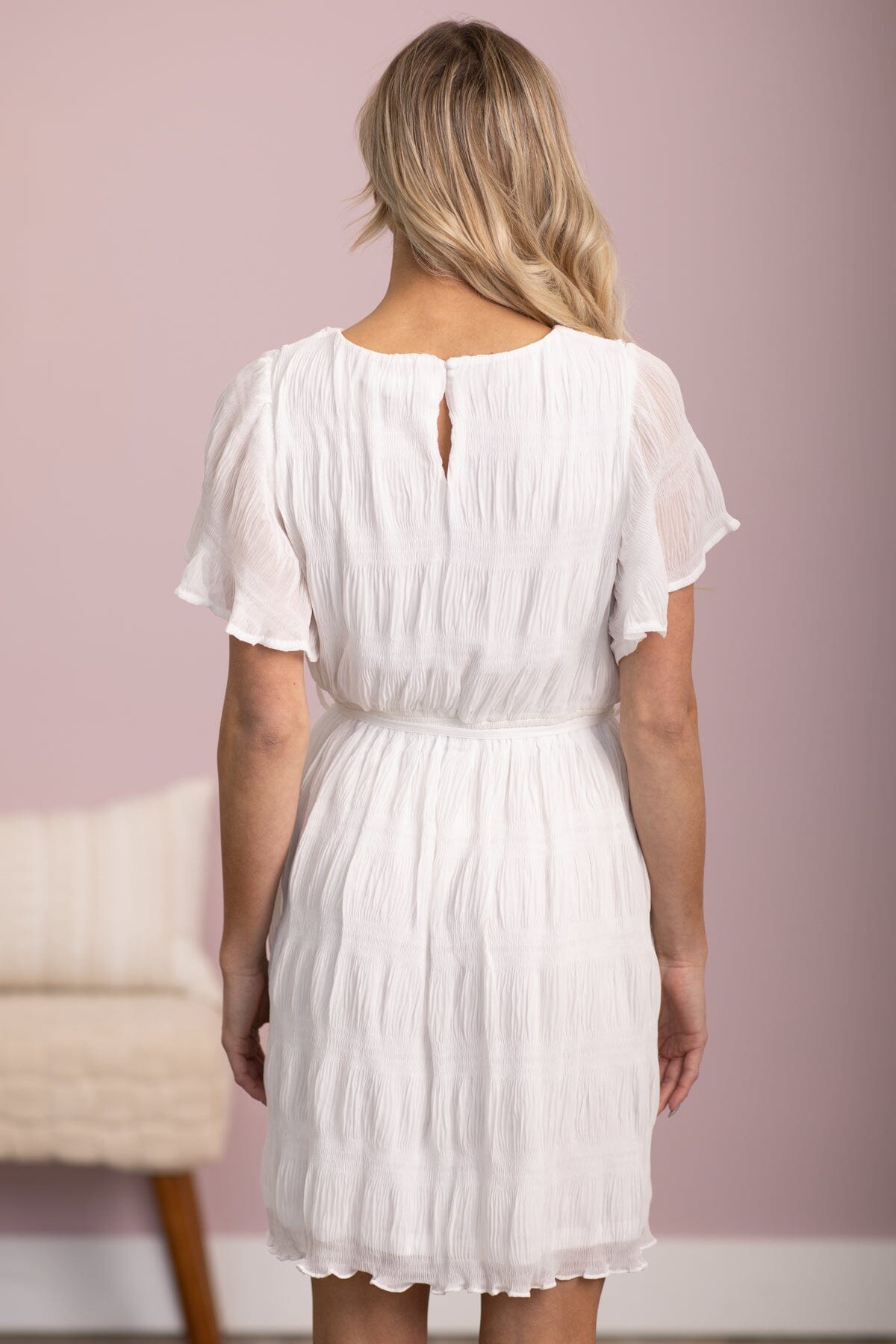 White Tie Waist Textured Flutter Sleeve Dress - Filly Flair